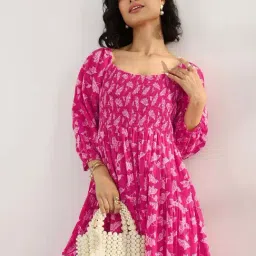 Libas Pink Cotton Flared Fit Floral Print Dress image 4