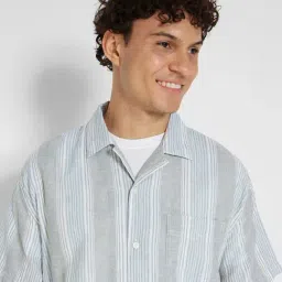 American Eagle Men Green Striped Button-Up Poolside Shirt image 4