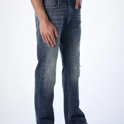 Jack & Jones Medium Blue Cotton Bootcut Fit Distress Jeans image 3