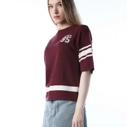 Only Maroon Cotton Regular Fit Printed T-Shirt image 3