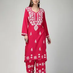 FIIZA Women Floral Embroidered Flared Sleeves Chikankari Kurta-picture-35