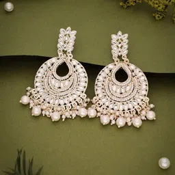 MEIRA JEWELLERY Gold-Plated Artificial Stones Studded & Beaded Contemporary Chandbalis-picture-28