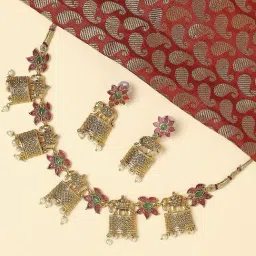 Oomph Jewellery Red & Green Kempu Stones Elephant Design Ethnic Temple Jewellery Choker Necklace Set with Drop Earrings For Women & Girls Stylish Latest Birthday & Anniversary Gift-picture-20