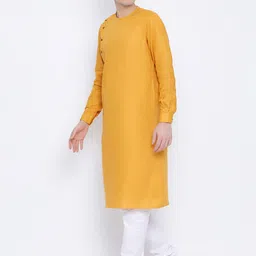 NAMASKAR Men Mustard Yellow & White Cotton Solid Kurta with Churidar image 5