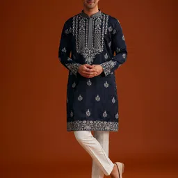KALKI Fashion Men Floral Embroidered Regular Thread Work Kurta with Trousers-picture-32