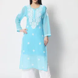 PARAMOUNT CHIKAN Turquoise Chikankari Straight Kurta image 1