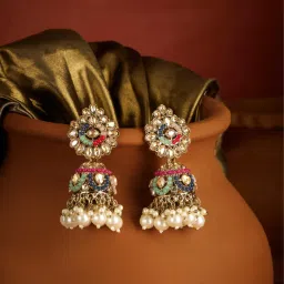 Zaveri Pearls Multicolour Stones Cluster Beads Drop Ethnic Jhumka Earrings-image-53