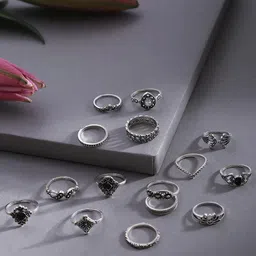 Jewels Galaxy Set Of 15 Oxidised Silver-Plated Finger Ring-picture-36