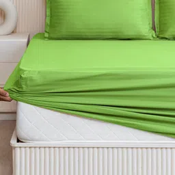 WEAVE AND DECOR Lime Green Striped 300 TC Bedsheet with 2 Pillow Covers image 4