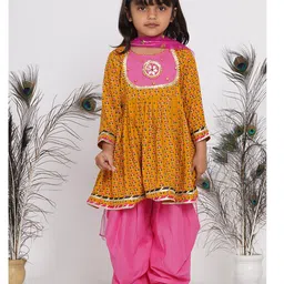 Little Bansi Full Sleeves Jaipuri Hand Work KurtaWith Salwar & Dupatta - Yellow & Pink-picture-14