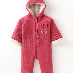 Yellow Apple Knit Full Sleeves Winter Wear Hooded Romper With Animal Applique - Red-picture-37