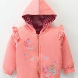 CUCUMBER Sinker Knit Full Sleeves Hooded Jacket with Frill Detailing Floral Embroidery - Dark Peach-picture-19