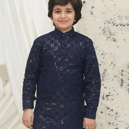 AJ Dezines Cotton Blend Full Sleeves Floral Embroidered & Sequins Embellished Kurta - Navy Blue-picture-14