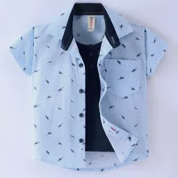 Dapper Dudes Half Sleeves Striped & Dinosaur Printed Shirt With Attached Tee - Sky Blue-picture-26