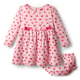 Babyhug Single Jersey Knit Full Sleeves Frock with Bloomer with Heart Print & Bow Applique - Light Pink-picture-38