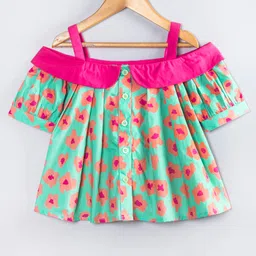 Hugsntugs Cotton Woven Cold Shoulder Sleeves Floral Printed Shirt Style Top - Green & Pink-picture-17