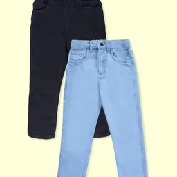 Kiddopanti Denim Woven Pack Of 2 Solid Jeans - Black & Light Blue-image-54