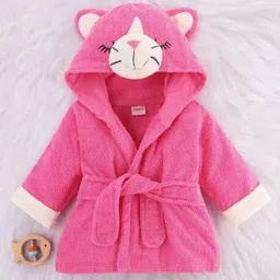 Babyhug Cotton Terry Woven Full Sleeves Hooded Bathrobe with Kitty Embroidery - Pink-image-95
