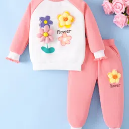 Mark & Mia Full Raglan Sleeves Cotton Winter Wear T-shirt & Lounge Pant Set With Floral Applique - Pink & White-picture-24