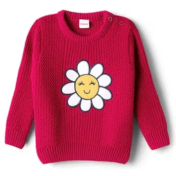 Babyhug Knit Full Sleeves Pullover Sweater with Floral Embroidery - Dark Pink-picture-38