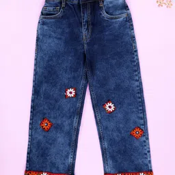 Kiddopanti Denim Woven Flower Patch Detailed Straight Fit Jeans - Medioum Rag Blue-picture-17