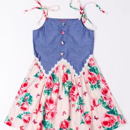 Pspeaches Chambray Rayon Sleeveless Floral Printed Lace Detailed Dress - Multi Colour image 3