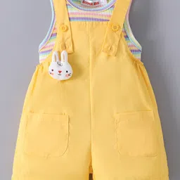 Kookie Kids Dungaree & Sleeveless Striped T-Shirt With Kitty Applique - Yellow image 3