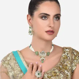 Zaveri Pearls Green Kundan & Pearls Choker Necklace Earring & Ring Set-ZPFK14434 image 5