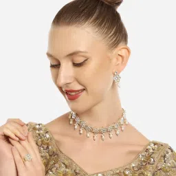 Zaveri Pearls Gold Tone Kundan & Beads Choker Necklace Earring & Ring Set-ZPFK16644 image 5