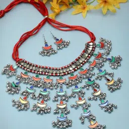 Moedbuille Mirror Studded Handcrafted Tasselled Design Oxidised Silver Plated Afghan Jewellery Set-image-28