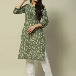 Rangriti Green Cotton Printed Straight Kurta image 5