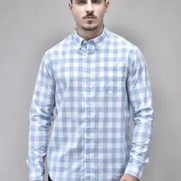 Woodland Blue Cotton Regular Fit Chequered Shirt-image-5
