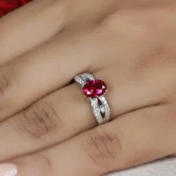 ornate jewels 925 Silver Oval Red Ruby and American Diamond Promise Ring for Women & Girls-picture-25