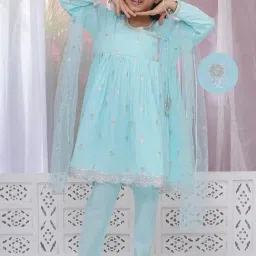 Little Bansi Girls Blue Cotton Self Design Suit Set-picture-37