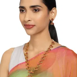 Zaveri Pearls Pink & Green Stones Peacock Inspired Antique Traditional Necklace & Earring Set For Women-ZPFK10035-image-46