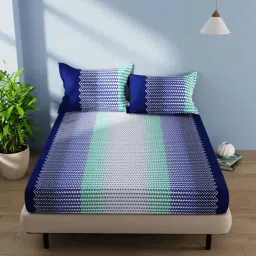 BIANCA Serina Blue Cotton 144 TC Double Size Bed Sheet With Pillow covers-image-19