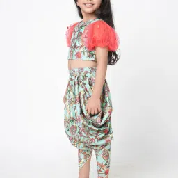 Lil Drama Kids Mint Green Floral Print Crop Top With Dhoti image 3