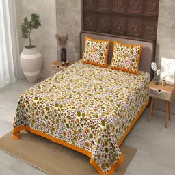 BED-SHEET.COM Yellow & Green Floral 180 TC King Bedsheet with 2 Pillow Covers-image-3