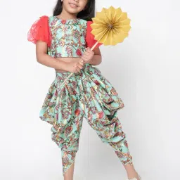 Lil Drama Kids Mint Green Floral Print Crop Top With Dhoti image 4