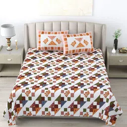 Wayne Martin Orange & Green Ethnic 300 TC Pure Cotton King Bedsheet With 2 Pillow Covers-image-17