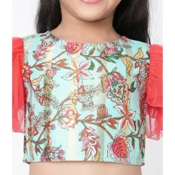 Lil Drama Kids Mint Green Floral Print Crop Top With Dhoti image 5