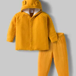 Babyhug Knit Full Raglan Sleeves Hooded Front Open Sweater Set with Cable Knit Design & Ear Applique - Yellow-picture-25
