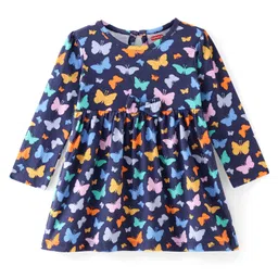 Babyhug Cotton Knit Full Sleeves Fit and Flare Frock Butterfly Print - Navy Blue-image-15