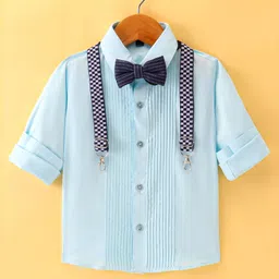 Robo Fry Cotton Woven Full Sleeves Solid Colour Party Shirt with Bow & Suspender - Sky Blue-picture-24