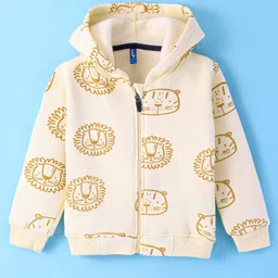 Little Kangaroos Fleece Knit Full Sleeves Front Open Hooded Sweatjacket with Animal Print - Cream-picture-24