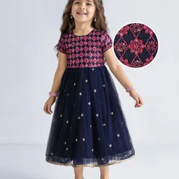 Babyhug Woven Half Sleeves Ethnic Dress With Floral Embroidery & Sequin Detailing- Navy Blue-picture-25