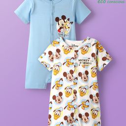 Babyoye Disney Interlock Knit Half Sleeves Romper With Mickey & Friends Graphic And Gold Foil Detailing Pack Of 2- Light Blue & White-picture-24