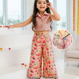 Babyhug Woven Sleeveless Indo Western Set with Floral Print & Sequin Detailing - Peach-picture-12