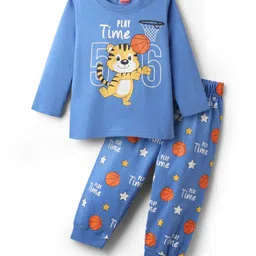 Babyhug Cotton Knit Full Sleeves Night Suit With Tiger & Basketball Print - Blue-image-12