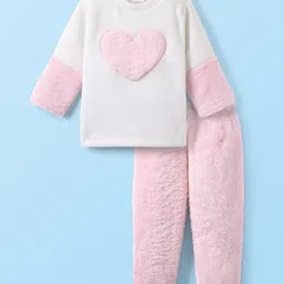 Babyhug Fur Knit Full Sleeves Winter Wear Suit with Heart Design - Pink & White-picture-20